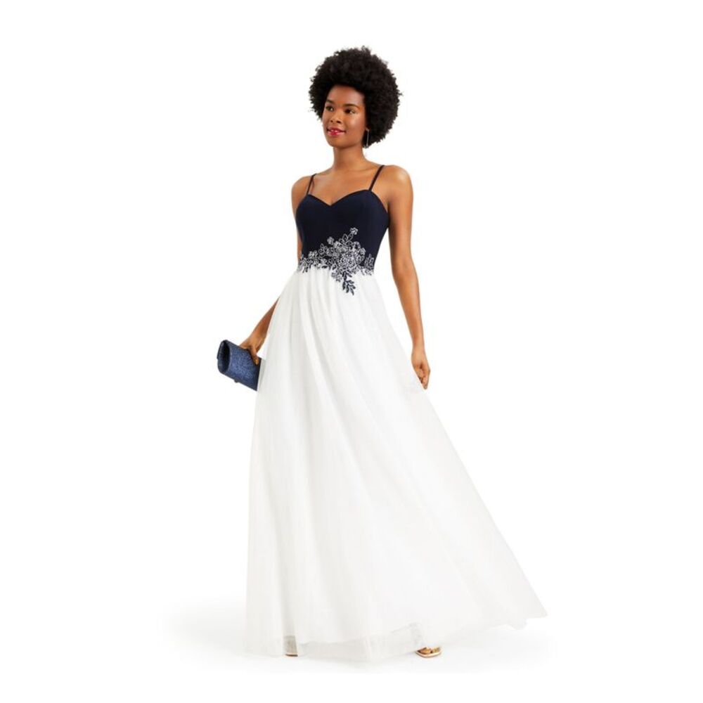 BLONDIE Womens Navy Spaghetti Strap V Neck Full-Length Prom Fit + Flare Dress 15